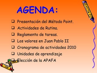 AGENDA: Presentación del Método Point. Actividades de Rutina. Reglamento de tareas. Los valores en Juan Pablo II Cronograma de actividades 2010 Unidades de aprendizaje Elección de la APAFA 