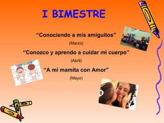 I BIMESTRE “ Conociendo a mis amiguitos” (Marzo) “ Conozco y aprendo a cuidar mi cuerpo” (Abril) “ A mi mamita con Amor” (Mayo) 