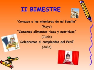 II BIMESTRE “ Conozco a los miembros de mi familia” (Mayo) “ Comemos alimentos ricos y nutritivos” (Junio) “ Celebramos el cumpleaños del Perú” (Julio) 
