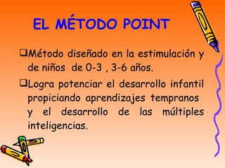 EL MÉTODO POINT Método diseñado en la estimulación y de niños  de 0-3 , 3-6 años. Logra potenciar el desarrollo infantil propiciando aprendizajes tempranos  y el desarrollo de las múltiples inteligencias. 