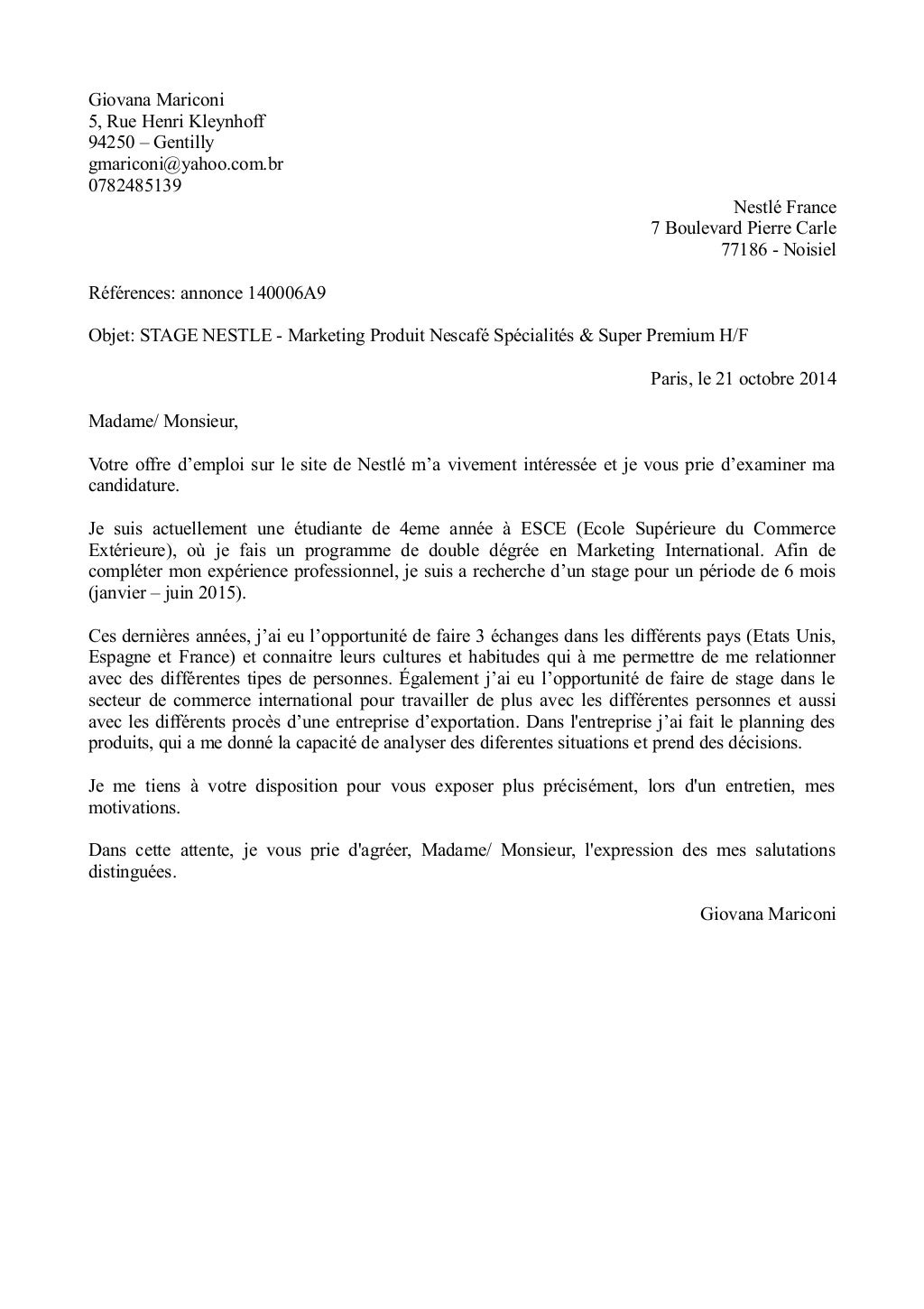 lettre de motivation