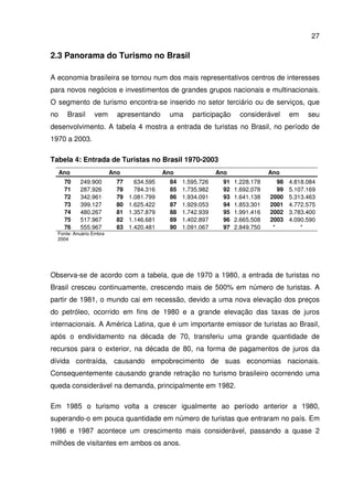 27
2.3 Panorama do Turismo no Brasil
A economia brasileira se tornou num dos mais representativos centros de interesses
para novos negócios e investimentos de grandes grupos nacionais e multinacionais.
O segmento de turismo encontra-se inserido no setor terciário ou de serviços, que
no Brasil vem apresentando uma participação considerável em seu
desenvolvimento. A tabela 4 mostra a entrada de turistas no Brasil, no período de
1970 a 2003.
Tabela 4: Entrada de Turistas no Brasil 1970-2003
Ano Ano Ano Ano Ano
70 249.900 77 634.595 84 1.595.726 91 1.228.178 98 4.818.084
71 287.926 78 784.316 85 1.735.982 92 1.692.078 99 5.107.169
72 342.961 79 1.081.799 86 1.934.091 93 1.641.138 2000 5.313.463
73 399.127 80 1.625.422 87 1.929.053 94 1.853.301 2001 4.772.575
74 480.267 81 1.357.879 88 1.742.939 95 1.991.416 2002 3.783.400
75 517.967 82 1.146.681 89 1.402.897 96 2.665.508 2003 4.090.590
76 555.967 83 1.420.481 90 1.091.067 97 2.849.750 * *
Fonte: Anuário Embratur
2004
Observa-se de acordo com a tabela, que de 1970 a 1980, a entrada de turistas no
Brasil cresceu continuamente, crescendo mais de 500% em número de turistas. A
partir de 1981, o mundo cai em recessão, devido a uma nova elevação dos preços
do petróleo, ocorrido em fins de 1980 e a grande elevação das taxas de juros
internacionais. A América Latina, que é um importante emissor de turistas ao Brasil,
após o endividamento na década de 70, transferiu uma grande quantidade de
recursos para o exterior, na década de 80, na forma de pagamentos de juros da
dívida contraída, causando empobrecimento de suas economias nacionais.
Consequentemente causando grande retração no turismo brasileiro ocorrendo uma
queda considerável na demanda, principalmente em 1982.
Em 1985 o turismo volta a crescer igualmente ao período anterior a 1980,
superando-o em pouca quantidade em número de turistas que entraram no país. Em
1986 e 1987 acontece um crescimento mais considerável, passando a quase 2
milhões de visitantes em ambos os anos.
 