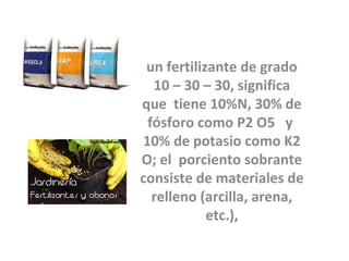 un fertilizante de grado
  10 – 30 – 30, significa
que tiene 10%N, 30% de
 fósforo como P2 O5 y
10% de potasio como K2
O; el porciento sobrante
consiste de materiales de
  relleno (arcilla, arena,
            etc.),
 