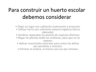 Para construir un huerto escolar 
      debemos considerar
  • Elegir un lugar con suficiente iluminación y aireación.
  • Utilizar tierra con suficiente materia orgánica (tierra 
                          abonada).
  • Sembrar separadas las plantas de especies distintas.
  • Regar las plantas todas las mañanas, para que no se 
                           sequen.
   • Aplicar insecticidas naturales para evitar los daños 
                   por parásitos e insectos.
    • Eliminar la maleza, al menos una vez por semana.
 