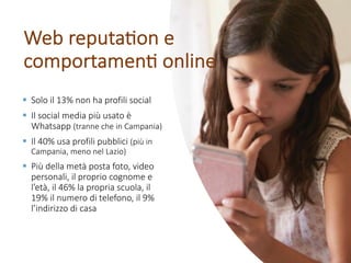 § Solo il 13% non ha profili social
§ Il social media più usato è
Whatsapp (tranne che in Campania)
§ Il 40% usa profili pubblici (più in
Campania, meno nel Lazio)
§ Più della metà posta foto, video
personali, il proprio cognome e
l’età, il 46% la propria scuola, il
19% il numero di telefono, il 9%
l’indirizzo di casa
Web reputaJon e
comportamenJ online
 