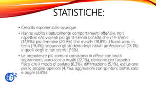 STATISTICHE:
• Crescita esponenziale ovunque
• Hanno subìto ripetutamente comportamenti offensivi, non
rispettosi e/o violenti più gli 11-13enni (22,5%) che i 14-17enni
(17,9%); più femmine (20,9%) che maschi (18,8%). I liceali sono in
testa (19,4%); seguono gli studenti degli istituti professionali (18,1%)
e quelli degli istituti tecnici (16%).
• Le prepotenze più comuni consistono in offese con brutti
soprannomi, parolacce o insulti (12,1%), derisione per l’aspetto
fisico e/o il modo di parlare (6,3%), diffamazione (5,1%), esclusione
per le proprie opinioni (4,7%), aggressioni con spintoni, botte, calci
e pugni (3,8%).
 