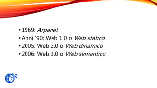 •1969: Arpanet
•Anni ‘90: Web 1.0 o Web statico
•2005: Web 2.0 o Web dinamico
•2006: Web 3.0 o Web semantico
 