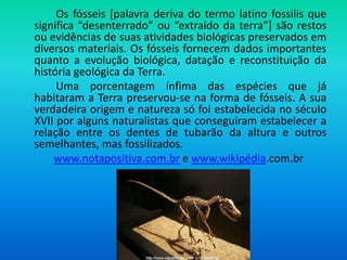 Os fósseis [palavra deriva do termo latino fossilis que
significa “desenterrado” ou “extraído da terra”] são restos
ou evidências de suas atividades biológicas preservados em
diversos materiais. Os fósseis fornecem dados importantes
quanto a evolução biológica, datação e reconstituição da
história geológica da Terra.
Uma porcentagem ínfima das espécies que já
habitaram a Terra preservou-se na forma de fósseis. A sua
verdadeira origem e natureza só foi estabelecida no século
XVII por alguns naturalistas que conseguiram estabelecer a
relação entre os dentes de tubarão da altura e outros
semelhantes, mas fossilizados.
www.notapositiva.com.br e www.wikipédia.com.br
 