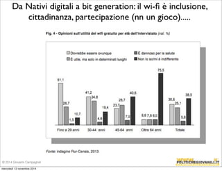Da Nativi digitali a bit generation: il wi-fi è inclusione, 
cittadinanza, partecipazione (nn un gioco)..... 
© 2014 Giovanni Campagnoli 
mercoledì 12 novembre 2014 
 