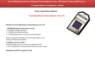 >285,000 full-length transcripts covered:
n >245,000 coding transcripts
n >40,000 non-coding transcripts
n >339,000 probe sets covering exon-exon junctions
Probes designed to maximize exon coverage enable you to
measure all transcript isoforms
Confidence in your results:
n Reproducible: Intra-lot correlation coefficient ≥0.99
n <6.5% coefficient of variation observed for all tissues tested
Minimum total RNA required: 50 ng
GeneChip®Human Transcriptome Array 2.0
Use ofAffymetrixArrays (Human TranscriptomeArray -HTAand Cytoscan HDArray)
in hematological malignancy studies
Gene expression analysis
Benefits of GeneChip Human TranscriptomeArray 2.0:
 