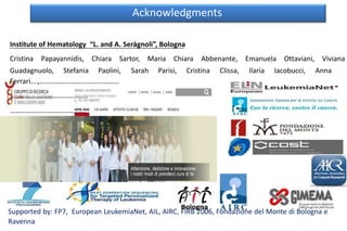 Guadagnuolo, Stefania Paolini, Sarah Parisi, Cristina Clissa, Ilaria Iacobucci, Anna
Acknowledgments
Institute of Hematology “L. and A. Seràgnoli”, Bologna
Cristina Papayannidis, Chiara Sartor, Maria Chiara Abbenante, Emanuela Ottaviani, Viviana
Ferrari….,………………………………………
……………………………………..
…………………………………….
Supported by: FP7, European LeukemiaNet, AIL, AIRC, FIRB 2006, Fondazione del Monte di Bologna e
Ravenna
 
