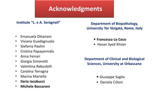 Acknowledgments
•
•
•
•
•
•
•
•
•
•
•
Emanuela Ottaviani
Viviana Guadagnuolo
Stefania Paolini
Cristina Papayannidis
Anna Ferrari
Giorgia Simonetti
Valentina Robustelli
Carolina Terragna
Marina Martello
Ilaria Iacobucci
Michele Baccarani
Institute “L. e A. Seràgnoli” Department of Biopathology,
University Tor Vergata, Rome, Italy
• Francesco Lo Coco
• Hasan Syed Khizer
Department of Clinical and Biological
Sciences, University at Orbassano
• Giuseppe Saglio
• Daniela Cilloni
 