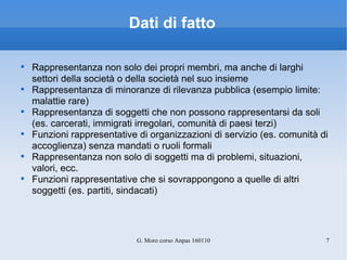 Dati di fatto Rappresentanza non solo dei propri membri, ma anche di larghi settori della società o della società nel suo insieme Rappresentanza di minoranze di rilevanza pubblica (esempio limite: malattie rare) Rappresentanza di soggetti che non possono rappresentarsi da soli (es. carcerati, immigrati irregolari, comunità di paesi terzi) Funzioni rappresentative di organizzazioni di servizio (es. comunità di accoglienza) senza mandati o ruoli formali Rappresentanza non solo di soggetti ma di problemi, situazioni, valori, ecc. Funzioni rappresentative che si sovrappongono a quelle di altri soggetti (es. partiti, sindacati) 