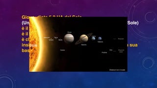 Giove, dista 5,2 UA dal Sole,
(Unità Astronomica: è la distanza tra la Terra e il Sole)
è il quinto pianeta del Sistema solare , 
è il più grande di tutto il sistema planetario,
è classificato come pianeta gioviano o gassoso
insieme a Saturno, Urano e Nettuno, per via della sua
bassa densità.
 