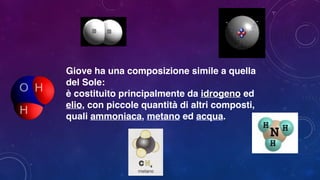 Giove ha una composizione simile a quella
del Sole:
è costituito principalmente da idrogeno ed
elio, con piccole quantità di altri composti,
quali ammoniaca, metano ed acqua.
 