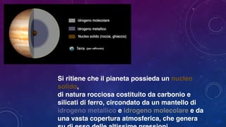 Si ritiene che il pianeta possieda un nucleo
solido,
di natura rocciosa costituito da carbonio e
silicati di ferro, circondato da un mantello di
idrogeno metallico e idrogeno molecolare e da
una vasta copertura atmosferica, che genera
 
