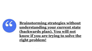 “
Brainstorming strategies without
understanding your current state
(backwards plan). You will not
know if you are trying to solve the
right problem!
 
