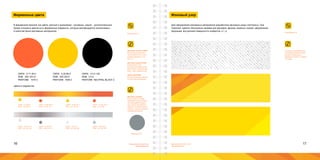 16 17Брендинговое агентство
«Брендмашина»
Брендинговое агентство
«Брендмашина»
Фирменные цвета
В фирменной палитре три цвета: желтый и оранжевый - основные, серый - дополнительный.
Кроме основных цветов есть фирменные градиенты, которые рекомендуется использовать
в качестве фона рекламных материалов.
Матовое серебро
В некоторых случаях,
например при изготовле-
нии имиджевой продук-
ции, может пригодиться
вариант логотипа, выпол-
ненный с использованием
серебряной краски.
Цветовая модель CMYK
используется для всех
технологий печати, если
указана цветность 4+0
или 4+4.
Цветовая модель RGB
используется при
презентации фирменных
носителей в электронном
виде - сайт, презентации.
Цвета PANTONE
используется для переда-
чи цвета без искажений.
Pantone 877 С
CMYK 0 71 45 0
RGB 255 102 51
PANTONE 1575 C
CMYK 0 20 89 0
RGB 255 204 0
PANTONE 7548 C
CMYK 0 0 0 100
RGB 0 0 0
PANTONE NEUTRAL BLACK C
Цвета в градиентах
CMYK 0 20 80 0
RGB 254 206 73
CMYK 10 80 100 0
RGB 217 82 38
CMYK 10 50 100 0
RGB 242 147 20
CMYK 10 100 100 0
RGB 212 36 39
CMYK 10 10 10 0
RGB 232 227 226
CMYK 50 45 40 0
RGB 148 139 143
CMYK 10 5 5 0
RGB 233 236 239
CMYK 30 20 20 0
RGB 190 194 198
BrandColors.ai
Фоновый узор
Для оформления рекламных материалов разработаны фоновые узоры (паттерны). Они
помогают сделать бесшовные заливки для фасадов, фризов, водяных знаков, оформления
форзацев, внутренней поверхности конвертов, и т. д.
Площадь оранжевого цве-
та в фирменном паттерне
должна находиться в
пределах 10-40% от общей
площади.
BrandPattern.ai
 