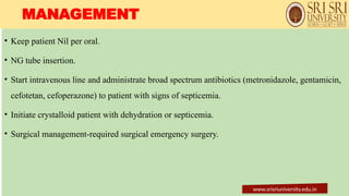 MANAGEMENT
• Keep patient Nil per oral.
• NG tube insertion.
• Start intravenous line and administrate broad spectrum antibiotics (metronidazole, gentamicin,
cefotetan, cefoperazone) to patient with signs of septicemia.
• Initiate crystalloid patient with dehydration or septicemia.
• Surgical management-required surgical emergency surgery.
www.srisriuniversity.edu.in
 