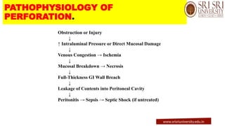 PATHOPHYSIOLOGY OF
PERFORATION.
Obstruction or Injury
↓
↑ Intraluminal Pressure or Direct Mucosal Damage
↓
Venous Congestion → Ischemia
↓
Mucosal Breakdown → Necrosis
↓
Full-Thickness GI Wall Breach
↓
Leakage of Contents into Peritoneal Cavity
↓
Peritonitis → Sepsis → Septic Shock (if untreated)
www.srisriuniversity.edu.in
 