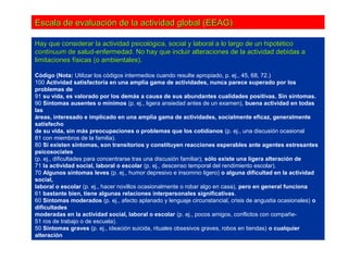 Escala de evaluación de la actividad global (EEAG)

Hay que considerar la actividad psicológica, social y laboral a lo largo de un hipotético
continuum de salud-enfermedad. No hay que incluir alteraciones de la actividad debidas a
limitaciones físicas (o ambientales).

Código (Nota: Utilizar los códigos intermedios cuando resulte apropiado, p. ej., 45, 68, 72.)
100 Actividad satisfactoria en una amplia gama de actividades, nunca parece superado por los
problemas de
91 su vida, es valorado por los demás a causa de sus abundantes cualidades positivas. Sin síntomas.
90 Síntomas ausentes o mínimos (p. ej., ligera ansiedad antes de un examen), buena actividad en todas
las
áreas, interesado e implicado en una amplia gama de actividades, socialmente eficaz, generalmente
satisfecho
de su vida, sin más preocupaciones o problemas que los cotidianos (p. ej., una discusión ocasional
81 con miembros de la familia).
80 Si existen síntomas, son transitorios y constituyen reacciones esperables ante agentes estresantes
psicosociales
(p. ej., dificultades para concentrarse tras una discusión familiar); sólo existe una ligera alteración de
71 la actividad social, laboral o escolar (p. ej., descenso temporal del rendimiento escolar).
70 Algunos síntomas leves (p. ej., humor depresivo e insomnio ligero) o alguna dificultad en la actividad
social,
laboral o escolar (p. ej., hacer novillos ocasionalmente o robar algo en casa), pero en general funciona
61 bastante bien, tiene algunas relaciones interpersonales significativas.
60 Síntomas moderados (p. ej., afecto aplanado y lenguaje circunstancial, crisis de angustia ocasionales) o
dificultades
moderadas en la actividad social, laboral o escolar (p. ej., pocos amigos, conflictos con compañe-
51 ros de trabajo o de escuela).
50 Síntomas graves (p. ej., ideación suicida, rituales obsesivos graves, robos en tiendas) o cualquier
alteración
 
