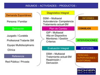 INSUMOS – ACTIVIDADES – PRODUCTOS -

                                  Diagnóstico Integral
Demanda Espontánea
                               DSM – Multiaxial                INFORMES
 Persona / Familiar            Autovalencia- Competencia
                               Tratamiento actual-SM
                               Admisión de Cambio           CONSEJOS
      Derivación                    Plan
                                 GIP - Multiaxial
 Juzgado / Curatela              Alta en Dispositivo
                                 Monitoreo / Gestión
 Profesional Tratante SM                                   INTERVENCIONES
                                 Criterios
 Equipo Multidisciplinario
                                  Evaluación Integral        GESTIONES
 Clínica
                                 DSM – Multiaxial
     Referencia                                            PERICIAS /
                                 Tratamiento actual-SM     SUPERVISIONES /
                                 Readmisión /              AUDITORIAS
Red Pública / Privada            Derivación
 