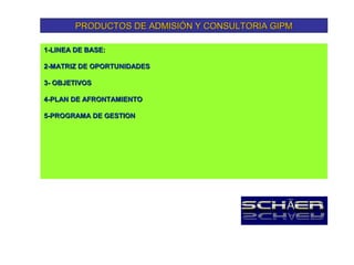 PRODUCTOS DE ADMISIÓN Y CONSULTORIA GIPM

1-LINEA DE BASE:

2-MATRIZ DE OPORTUNIDADES

3- OBJETIVOS

4-PLAN DE AFRONTAMIENTO

5-PROGRAMA DE GESTION
 