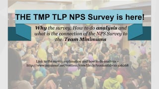 THE TMP TLP NPS Survey is here!
Why the survey, How to do analysis and
what is the connection of the NPS Survey to
the Team Minimums
Link to the survey explanation and how to do analysis –
http://www.myaiesec.net/content/viewfile.do?contentid=10306268
 