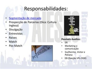 Responsabilidades:
• Segmentação de mercado
• Prospecção de Parcerias (Dica: Cultura
  Inglesa)
• Divulgação
• Entrevistas
• Raises                                   Possiveis Auxilios:
• Match                                    • ER
• Pos-Match                                • Marketing e
                                              comunicação
                                           • Guilherme, Victor e
                                              Poliana
                                           • EB (Exeção VPs OGX)

                                                               8
 
