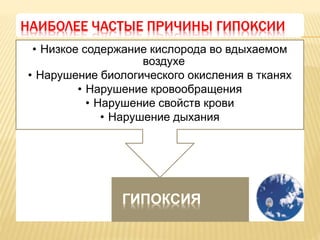 • Низкое содержание кислорода во вдыхаемом
воздухе
• Нарушение биологического окисления в тканях
• Нарушение кровообращения
• Нарушение свойств крови
• Нарушение дыхания
ГИПОКСИЯ
НАИБОЛЕЕ ЧАСТЫЕ ПРИЧИНЫ ГИПОКСИИ
 