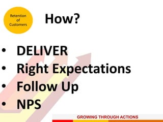 GROWING THROUGH ACTIONS
Retention
of
Customers
• DELIVER
• Right Expectations
• Follow Up
• NPS
How?
 