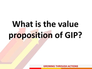 GROWING THROUGH ACTIONS
What is the value
proposition of GIP?
 