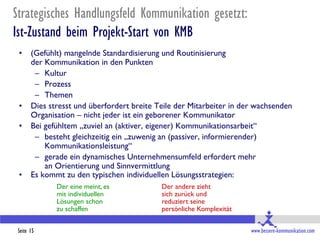 Strategisches Handlungsfeld Kommunikation gesetzt:
Ist-Zustand beim Projekt-Start von KMB
 •     (Gefühlt) mangelnde Standardisierung und Routinisierung
       der Kommunikation in den Punkten
        – Kultur
        – Prozess
        – Themen
 •     Dies stresst und überfordert breite Teile der Mitarbeiter in der wachsenden
       Organisation – nicht jeder ist ein geborener Kommunikator
 •     Bei gefühltem „zuviel an (aktiver, eigener) Kommunikationsarbeit“
        – besteht gleichzeitig ein „zuwenig an (passiver, informierender)
           Kommunikationsleistung“
        – gerade ein dynamisches Unternehmensumfeld erfordert mehr
           an Orientierung und Sinnvermittlung
 •     Es kommt zu den typischen individuellen Lösungsstrategien:
              Der eine meint, es            Der andere zieht
              mit individuellen             sich zurück und
              Lösungen schon                reduziert seine
              zu schaffen                   persönliche Komplexität


 Seite 15                                                             www.bessere-kommunikation.com
 