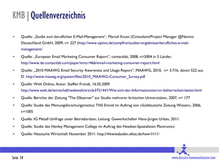 KMB|Quellenverzeichnis
•     Quelle: „Studie zum beruflichen E-Mail-Management“, Marcel Knust (Consultant/Project Manager @Namics
      Deutschland GmbH, 2009, n= 227 )http://www.optivo.de/campfire/studien-ergebnisse-berufliches-e-mail-
      management/
•     Quelle: „European Email Marketing Consumer Report“, contactlab, 2008, n=5004 in 5 Länder.
      http://www.de.contactlab.com/paper/emcr/466/email-marketing-consumer-report.html
•     Quelle: „2010 MAAWG Email Security Awareness and Usage Report“, MAAWG, 2010, n= 3.716, davon 522 aus
      D. http://www.maawg.org/system/files/2010_MAAWG-Consumer_Survey.pdf
•     Quelle: Welt Online, Autor: Steffen Fründt, 16.05.2009
      http://www.welt.de/wirtschaft/webwelt/article3751441/Wie-sich-der-Informationsterror-beherrschen-laesst.html
•     Quelle: Berichts der Zeitung "The Observer" zur Studie mehrerer britischen Universitäten, 2007, n= 177
•     Quelle: Studie des Meinungsforschungsinstitut TNS Emnid im Auftrag von «Süddeutsche Zeitung Wissen», 2006,
      n=1005
•     Quelle: IG Metall Umfrage unter Betriebsräten, Leitung: Gewerkschafter Hans-Jürgen Urban, 2011.
•     Quelle: Studie des Henley Management College im Auftrag des Headset-Spezialisten Plantronics
•     Quelle: Hessische Wirtschaft November 2011: http://ihkwiesbaden.elkat.de/hewi1111/




Seite 34                                                                                         www.bessere-kommunikation.com
 
