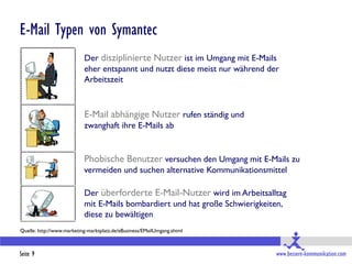 E-Mail Typen von Symantec
                           Der disziplinierte Nutzer ist im Umgang mit E-Mails
                           eher entspannt und nutzt diese meist nur während der
                           Arbeitszeit


                           E-Mail abhängige Nutzer rufen ständig und
                           zwanghaft ihre E-Mails ab


                           Phobische Benutzer versuchen den Umgang mit E-Mails zu
                           vermeiden und suchen alternative Kommunikationsmittel

                           Der überforderte E-Mail-Nutzer wird im Arbeitsalltag
                           mit E-Mails bombardiert und hat große Schwierigkeiten,
                           diese zu bewältigen
Quelle: http://www.marketing-marktplatz.de/eBusiness/EMailUmgang.shtml



Seite 9                                                                       www.bessere-kommunikation.com
 