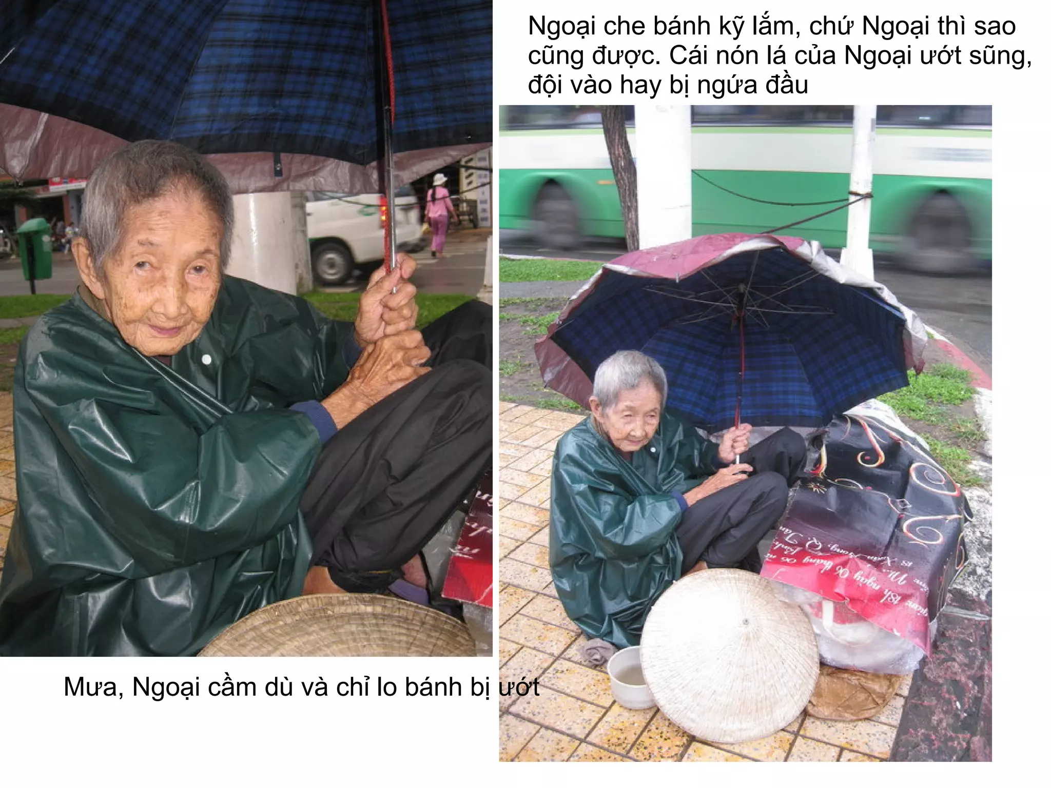 Mưa, Ngoại cầm dù và chỉ lo bánh bị ướt  Ngoại che bánh kỹ lắm, chứ Ngoại thì sao cũng được. Cái nón lá của Ngoại ướt sũng, đội vào hay bị ngứa đầu 