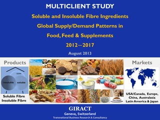 MULTICLIENT STUDY
Soluble and Insoluble Fibre Ingredients
Global Supply/Demand Patterns in
Food, Feed & Supplements
2012—2017
August 2013
GIRACT
Geneva, Switzerland
Transnational Business Research & Consultancy
Markets
USA/Canada, Europe,
China, Australasia
Latin America & Japan
Products
Soluble Fibre
Insoluble Fibre
 