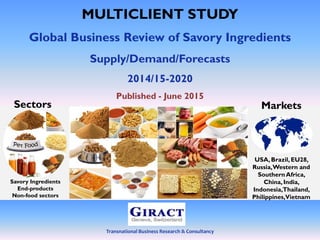 Transnational Business Research & Consultancy
MULTICLIENT STUDY
Global Business Review of Savory Ingredients
Supply/Demand/Forecasts
2014/15-2020
Published - June 2015
Markets
USA, Brazil,EU28,
Russia,Western and
SouthernAfrica,
China,India,
Indonesia,Thailand,
Philippines,Vietnam
Sectors
Savory Ingredients
End-products
Non-food sectors
 