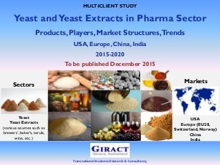 Transnational Business Research & Consultancy
MULTICLIENT STUDY
Yeast andYeast Extracts in Pharma Sector
Products, Players, Market Structures,Trends
USA, Europe, China, India
2015-2020
To be published December 2015
Markets
USA
Europe (EU28,
Switzerland,Norway)
China
India
Sectors
Yeast
Yeast Extracts
(various sources such as
brewers’, baker’s, torula,
wine, etc. )
 