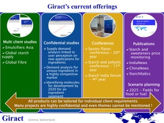 Giract’s current offerings

Multi client studies
Emulsifiers Asia
Global starch
supply
Global Fibre

Confidential studies
Supply demand

analysis linked to
user perception on
new applications for
ingredients

Demand analysis for
unique ingredient in
a highly competitive
market

Identifying molecules
for development by
2020 for an
ingredient

Conferences

Publications

Savory flavor
conference – 20th
year

Starch and
sweeteners price
monitoring

Starch and polyols
conference – 11th
year

IndiaNews

Starch India forum
– 4th year

StarchItalics

ChinaNews

Scenario planning
2025 – Fields for
food or fuel

segment
All products can be tailored for individual client requirements.
Many projects are highly confidential and even themes cannot be mentioned !

Giract

Geneva, Switzerland

 