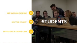 GET SEATS FOR EVERYONE
SPLIT THE PAYMENT
DIFFICULTIES TO CHOOSE A BAR
STUDENTS
 