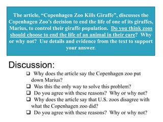 The article, “Copenhagen Zoo Kills Giraffe”, discusses the
Copenhagen Zoo’s decision to end the life of one of its giraffes,
Marius, to control their giraffe population. Do you think zoos
should choose to end the life of an animal in their care? Why
or why not? Use details and evidence from the text to support
your answer.
Discussion:
 Why does the article say the Copenhagen zoo put
down Marius?
 Was this the only way to solve this problem?
 Do you agree with these reasons? Why or why not?
 Why does the article say that U.S. zoos disagree with
what the Copenhagen zoo did?
 Do you agree with these reasons? Why or why not?
 