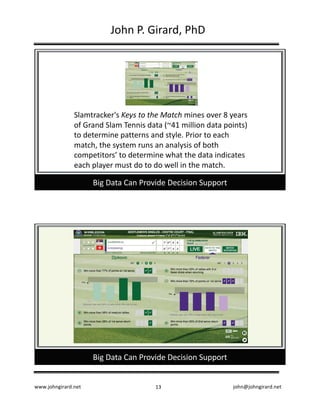 www.johngirard.net john@johngirard.net13
John	P.	Girard,	PhD
Big	Data	Can	Provide	Decision	Support
Slamtracker's Keys	to	the	Match mines	over	8	years	
of	Grand	Slam	Tennis	data	(~41	million	data	points)	
to	determine	patterns	and	style.	Prior	to	each	
match,	the	system	runs	an	analysis	of	both	
competitors’	to	determine	what	the	data	indicates	
each	player	must	do	to	do	well	in	the	match.
Big	Data	Can	Provide	Decision	Support
 
