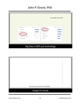 www.johngirard.net john@johngirard.net16
John	P.	Girard,	PhD
Big	Data	is	NOT	just	technology
www.google.com/trends/
Google	Flu	Trends
www.youtube.com/watch?v=6111nS66Dpk
 