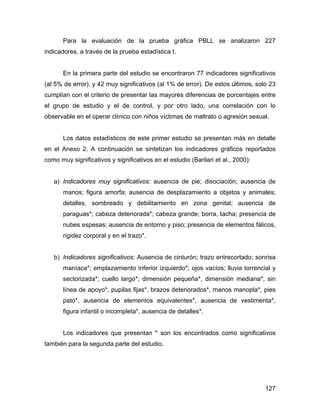 Para la evaluación de la prueba gráfica PBLL se analizaron 227
indicadores, a través de la prueba estadística t.
En la primera parte del estudio se encontraron 77 indicadores significativos
(al 5% de error), y 42 muy significativos (al 1% de error). De estos últimos, solo 23
cumplían con el criterio de presentar las mayores diferencias de porcentajes entre
el grupo de estudio y el de control, y por otro lado, una correlación con lo
observable en el operar clínico con niños víctimas de maltrato o agresión sexual.
Los datos estadísticos de este primer estudio se presentan más en detalle
en el Anexo 2. A continuación se sintetizan los indicadores gráficos reportados
como muy significativos y significativos en el estudio (Barilari et al., 2000):
a) Indicadores muy significativos: ausencia de pie; disociación; ausencia de
manos; figura amorfa; ausencia de desplazamiento a objetos y animales;
detalles, sombreado y debilitamiento en zona genital; ausencia de
paraguas*; cabeza deteriorada*; cabeza grande; borra, tacha; presencia de
nubes espesas; ausencia de entorno y piso; presencia de elementos fálicos,
rigidez corporal y en el trazo*.
b) Indicadores significativos: Ausencia de cinturón; trazo entrecortado; sonrisa
maníaca*; emplazamiento inferior izquierdo*; ojos vacíos; lluvia torrencial y
sectorizada*; cuello largo*; dimensión pequeña*, dimensión mediana*, sin
línea de apoyo*, pupilas fijas*, brazos deteriorados*, manos manopla*, pies
pato*, ausencia de elementos equivalentes*, ausencia de vestimenta*,
figura infantil o incompleta*, ausencia de detalles*.
Los indicadores que presentan * son los encontrados como significativos
también para la segunda parte del estudio.
127
 
