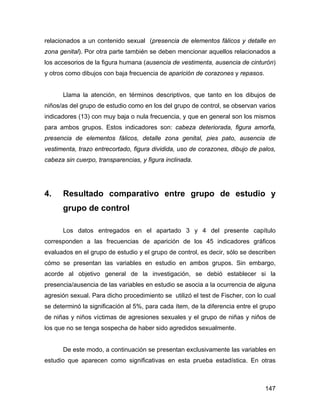 relacionados a un contenido sexual (presencia de elementos fálicos y detalle en
zona genital). Por otra parte también se deben mencionar aquellos relacionados a
los accesorios de la figura humana (ausencia de vestimenta, ausencia de cinturón)
y otros como dibujos con baja frecuencia de aparición de corazones y repasos.
Llama la atención, en términos descriptivos, que tanto en los dibujos de
niños/as del grupo de estudio como en los del grupo de control, se observan varios
indicadores (13) con muy baja o nula frecuencia, y que en general son los mismos
para ambos grupos. Estos indicadores son: cabeza deteriorada, figura amorfa,
presencia de elementos fálicos, detalle zona genital, pies pato, ausencia de
vestimenta, trazo entrecortado, figura dividida, uso de corazones, dibujo de palos,
cabeza sin cuerpo, transparencias, y figura inclinada.
4. Resultado comparativo entre grupo de estudio y
grupo de control
Los datos entregados en el apartado 3 y 4 del presente capítulo
corresponden a las frecuencias de aparición de los 45 indicadores gráficos
evaluados en el grupo de estudio y el grupo de control, es decir, sólo se describen
cómo se presentan las variables en estudio en ambos grupos. Sin embargo,
acorde al objetivo general de la investigación, se debió establecer si la
presencia/ausencia de las variables en estudio se asocia a la ocurrencia de alguna
agresión sexual. Para dicho procedimiento se utilizó el test de Fischer, con lo cual
se determinó la significación al 5%, para cada ítem, de la diferencia entre el grupo
de niñas y niños víctimas de agresiones sexuales y el grupo de niñas y niños de
los que no se tenga sospecha de haber sido agredidos sexualmente.
De este modo, a continuación se presentan exclusivamente las variables en
estudio que aparecen como significativas en esta prueba estadística. En otras
147
 