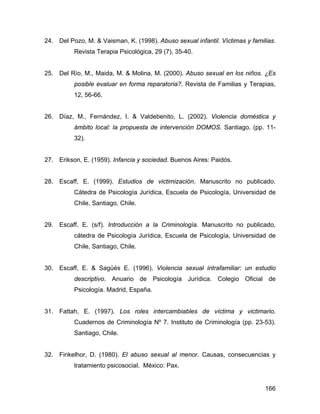 24. Del Pozo, M. & Vaisman, K. (1998). Abuso sexual infantil. Víctimas y familias.
Revista Terapia Psicológica, 29 (7), 35-40.
25. Del Río, M., Maida, M. & Molina, M. (2000). Abuso sexual en los niños. ¿Es
posible evaluar en forma reparatoria?. Revista de Familias y Terapias,
12, 56-66.
26. Díaz, M., Fernández, I. & Valdebenito, L. (2002). Violencia doméstica y
ámbito local: la propuesta de intervención DOMOS. Santiago. (pp. 11-
32).
27. Erikson, E. (1959). Infancia y sociedad. Buenos Aires: Paidós.
28. Escaff, E. (1999). Estudios de victimización. Manuscrito no publicado.
Cátedra de Psicología Jurídica, Escuela de Psicología, Universidad de
Chile, Santiago, Chile.
29. Escaff, E. (s/f). Introducción a la Criminología. Manuscrito no publicado,
cátedra de Psicología Jurídica, Escuela de Psicología, Universidad de
Chile, Santiago, Chile.
30. Escaff, E. & Sagüés E. (1996). Violencia sexual intrafamiliar: un estudio
descriptivo. Anuario de Psicología Jurídica. Colegio Oficial de
Psicología. Madrid, España.
31. Fattah, E. (1997). Los roles intercambiables de víctima y victimario.
Cuadernos de Criminología Nº 7. Instituto de Criminología (pp. 23-53).
Santiago, Chile.
32. Finkelhor, D. (1980). El abuso sexual al menor. Causas, consecuencias y
tratamiento psicosocial. México: Pax.
166
 