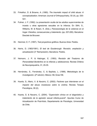 33. Finkelhor, D. & Browne, A. (1985). The traumatic impact of child abuse: A
conceptualization. American Journal of Orthopsychiatry, 55 (4), pp. 530-
541.
34. Fulmer, J. F. (1992). La presentación oculta de los adultos supervivientes de
incesto u otras agresiones sexuales en la infancia. En Stiht, S.,
Williams, M. & Rosen, K. (Eds.), Psicosociología de la violencia en el
hogar. Estudios, consecuencias y tratamiento. (pp. 257-285). Barcelona:
Descleé de Brouwer.
35. Hammer, E. F. (1997). Test proyectivos gráficos. Buenos Aires: Paidós.
36. Harris, D. (1963/1991). El test de Goodenough. Revisión, ampliación y
actualización (3° Reimpresión). Barcelona: Paidós.
37. Heimann, J. P. & Habinger, E. (1993). Revisión del Trastorno de
Personalidad Borderline en la infancia y adolescencia. Revista Chilena
de Neuropsiquiatría, 31, 25-35.
38. Hernández, S., Fernández, C. & Baptista, L. (1998). Metodología de la
Investigación. (2ª edición). México: Mc Graw Hill.
39. Huerta, S.; Maric, V. & Navarro, C. (2002). Factores que intervienen en el
impacto del abuso incestuoso sobre la víctima. Revista Terapia
Psicológica, 38 (2),
40. Huerta, S. & Navarro, C. (2004). “Supervisión clínica en el diagnóstico y
tratamiento de la agresión sexual infanto-juvenil”. Apuntes Curso de
Actualización de Post-título, Departamento de Psicología, Universidad
de Chile.
167
 