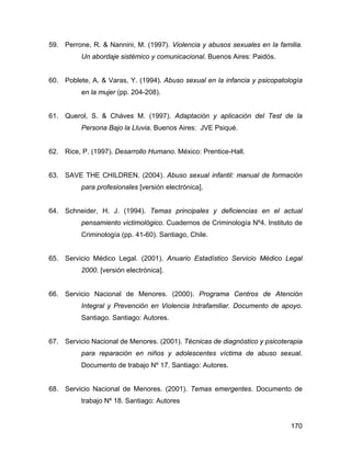 59. Perrone, R. & Nannini, M. (1997). Violencia y abusos sexuales en la familia.
Un abordaje sistémico y comunicacional. Buenos Aires: Paidós.
60. Poblete, A. & Varas, Y. (1994). Abuso sexual en la infancia y psicopatología
en la mujer (pp. 204-208).
61. Querol, S. & Cháves M. (1997). Adaptación y aplicación del Test de la
Persona Bajo la Lluvia. Buenos Aires: JVE Psiqué.
62. Rice, P. (1997). Desarrollo Humano. México: Prentice-Hall.
63. SAVE THE CHILDREN. (2004). Abuso sexual infantil: manual de formación
para profesionales [versión electrónica].
64. Schneider, H. J. (1994). Temas principales y deficiencias en el actual
pensamiento victimológico. Cuadernos de Criminología Nº4. Instituto de
Criminología (pp. 41-60). Santiago, Chile.
65. Servicio Médico Legal. (2001). Anuario Estadístico Servicio Médico Legal
2000. [versión electrónica].
66. Servicio Nacional de Menores. (2000). Programa Centros de Atención
Integral y Prevención en Violencia Intrafamiliar. Documento de apoyo.
Santiago. Santiago: Autores.
67. Servicio Nacional de Menores. (2001). Técnicas de diagnóstico y psicoterapia
para reparación en niños y adolescentes víctima de abuso sexual.
Documento de trabajo Nº 17. Santiago: Autores.
68. Servicio Nacional de Menores. (2001). Temas emergentes. Documento de
trabajo Nº 18. Santiago: Autores
170
 