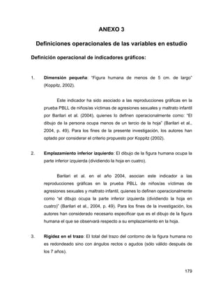 ANEXO 3
Definiciones operacionales de las variables en estudio
Definición operacional de indicadores gráficos:
1. Dimensión pequeña: “Figura humana de menos de 5 cm. de largo”
(Koppitz, 2002).
Este indicador ha sido asociado a las reproducciones gráficas en la
prueba PBLL de niños/as víctimas de agresiones sexuales y maltrato infantil
por Barilari et al. (2004), quienes lo definen operacionalmente como: “El
dibujo de la persona ocupa menos de un tercio de la hoja” (Barilari et al.,
2004, p. 49). Para los fines de la presente investigación, los autores han
optado por considerar el criterio propuesto por Koppitz (2002).
2. Emplazamiento inferior izquierdo: El dibujo de la figura humana ocupa la
parte inferior izquierda (dividiendo la hoja en cuatro).
Barilari et al. en el año 2004, asocian este indicador a las
reproducciones gráficas en la prueba PBLL de niños/as víctimas de
agresiones sexuales y maltrato infantil, quienes lo definen operacionalmente
como “el dibujo ocupa la parte inferior izquierda (dividiendo la hoja en
cuatro)” (Barilari et al., 2004, p. 49). Para los fines de la investigación, los
autores han considerado necesario especificar que es el dibujo de la figura
humana el que se observará respecto a su emplazamiento en la hoja.
3. Rigidez en el trazo: El total del trazo del contorno de la figura humana no
es redondeado sino con ángulos rectos o agudos (sólo válido después de
los 7 años).
179
 